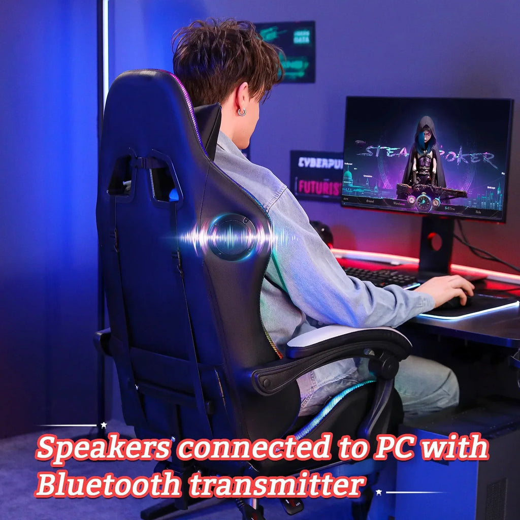 Nouveauté 2026 – Fauteuil de jeu Hoffree avec haut-parleurs intégrés, en cuir PU, repose-pieds et éclairage LED. Fauteuil ergonomique pour gamer avec massage, soutien lombaire et appui-tête pivotant et réglable. Idéal pour le télétravail et le bureau