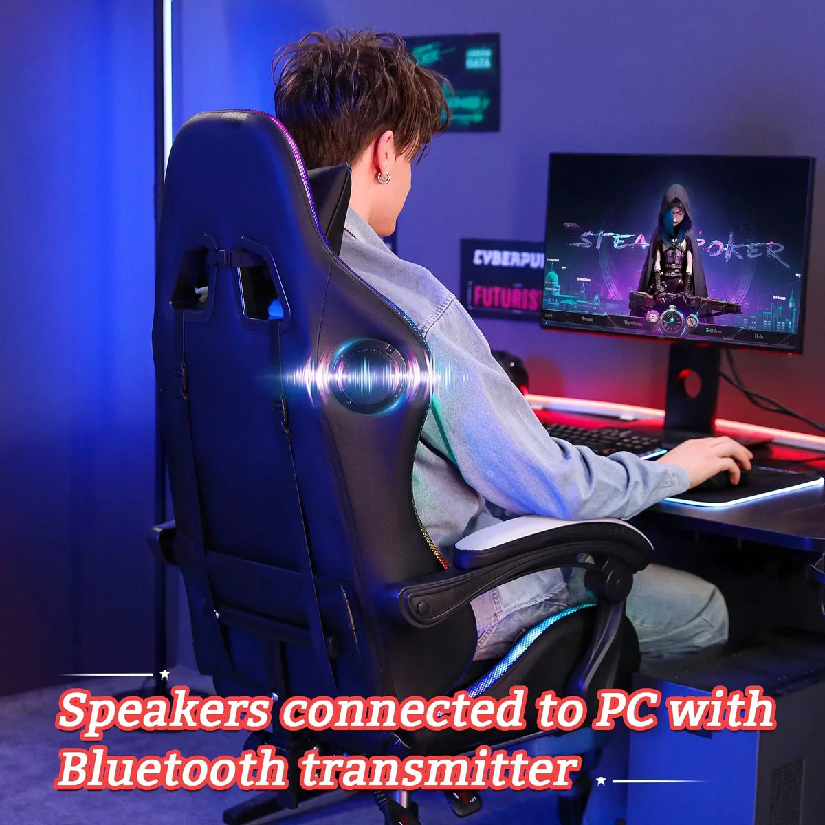 Nouveauté 2026 – Fauteuil de jeu Hoffree avec haut-parleurs intégrés, en cuir PU, repose-pieds et éclairage LED. Fauteuil ergonomique pour gamer avec massage, soutien lombaire et appui-tête pivotant et réglable. Idéal pour le télétravail et le bureau