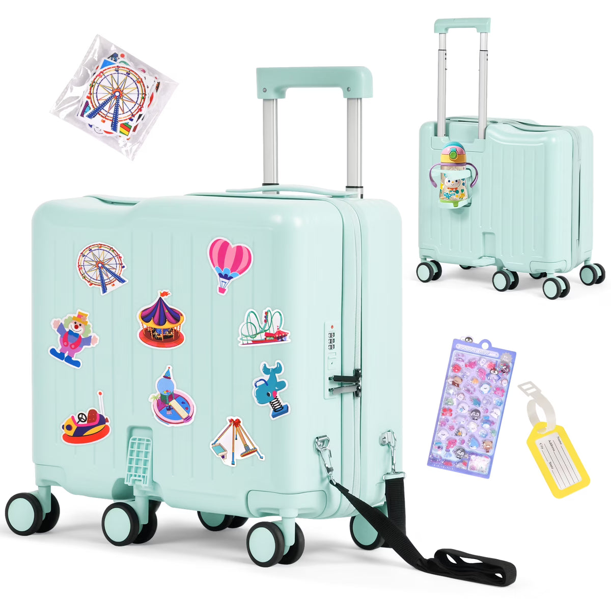 Nouveauté 2026 – Valise à roulettes Advwin pour enfants, avec sangle de traction, repose-pieds, porte-gobelet, 6 roues et poignée réglable, valise pivotante de 45,7 cm (18 pouces) avec autocollants et carte d'embarquement, rose