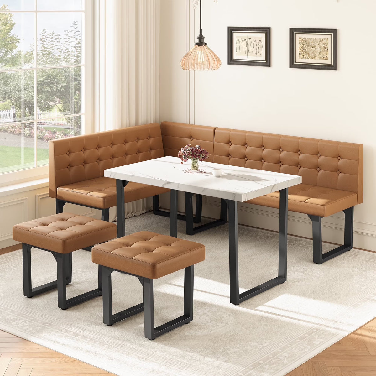 Nouveauté 2026 – Ensemble de salle à manger d'angle 5 pièces Brafab avec table et banc, style moderne, avec banquette rembourrée grise