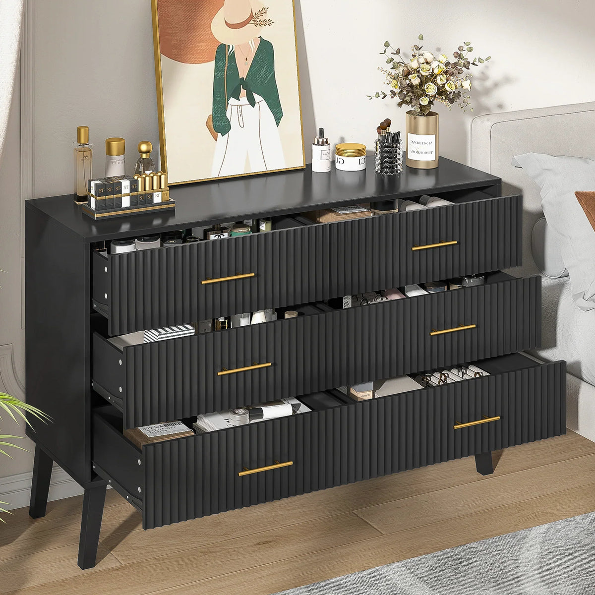 Nouveauté 2026 – Commode à 6 tiroirs Fluted , commode moderne large, commode double à 6 tiroirs