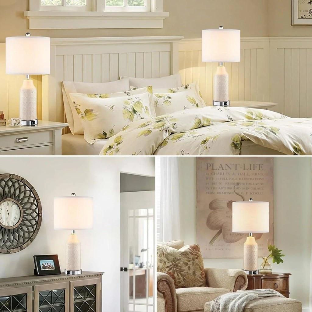 Nouveauté 2026 – Ensemble de 2 lampes de table Cinkeda pour salon et chambre à coucher, avec ports USB, prise secteur, intensité réglable à 3 niveaux, veilleuse tactile, style champêtre, motif floral blanc, lampes de chevet