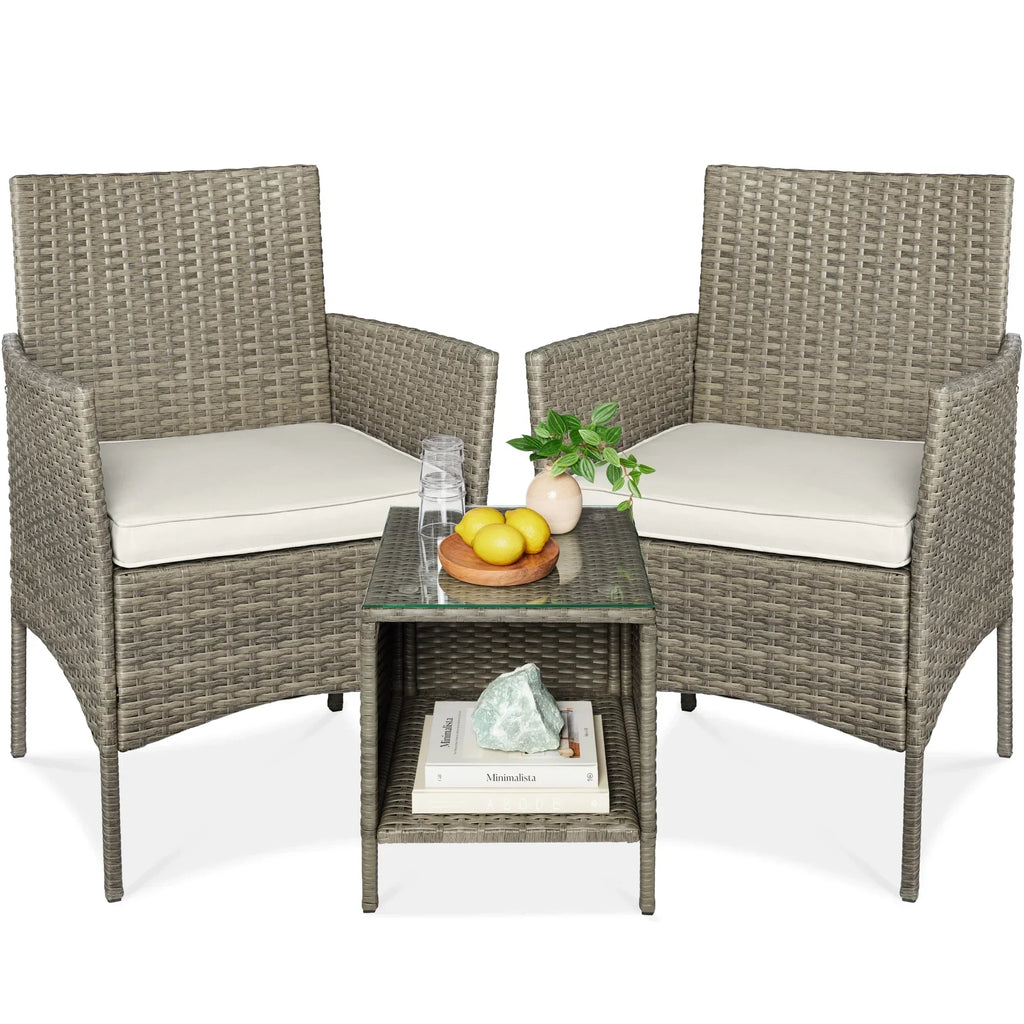 Nouveauté 2026 – Ensemble bistro de jardin 3 pièces en résine tressée Best Choice Products , avec 2 chaises et une table - Gris/Bleu marine