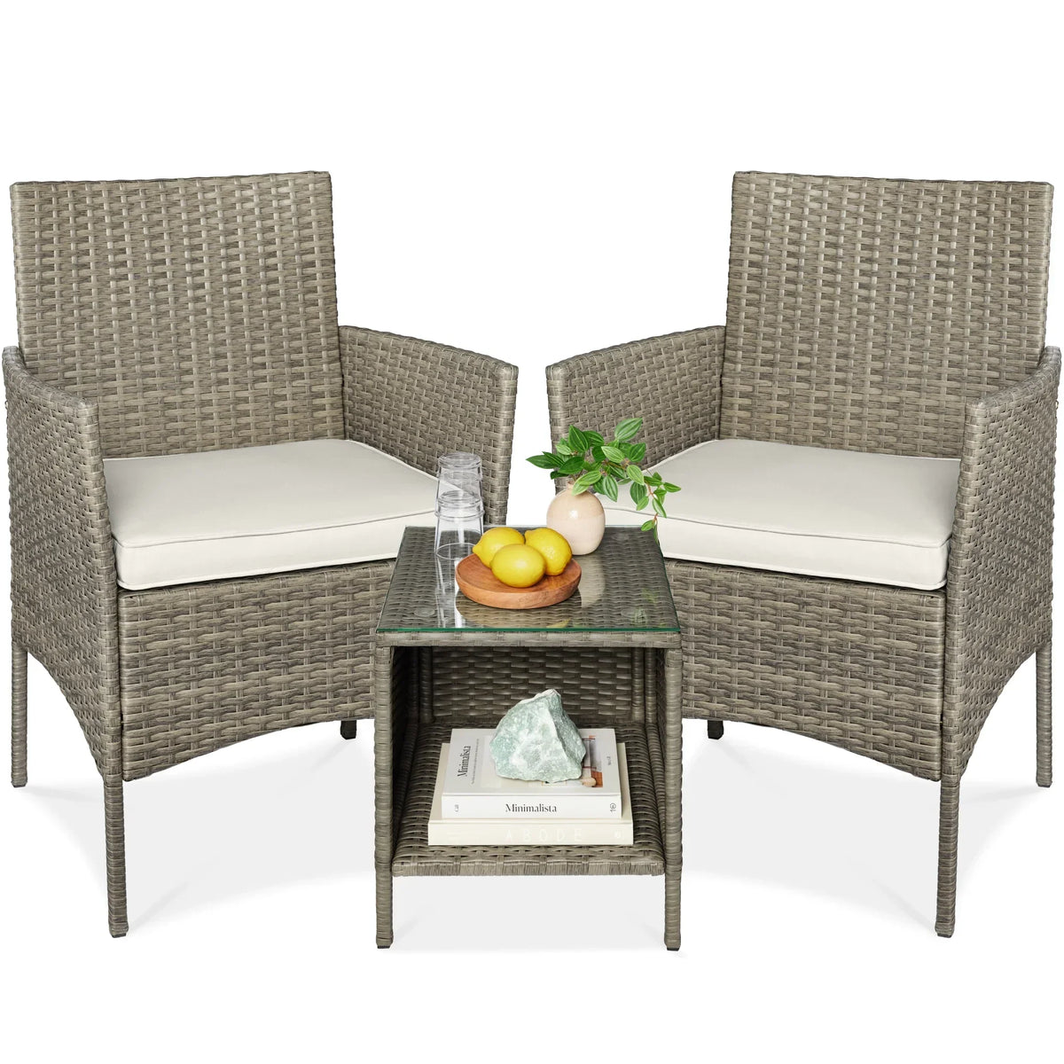 Nouveauté 2026 – Ensemble bistro de jardin 3 pièces en résine tressée Best Choice Products , avec 2 chaises et une table - Gris/Bleu marine