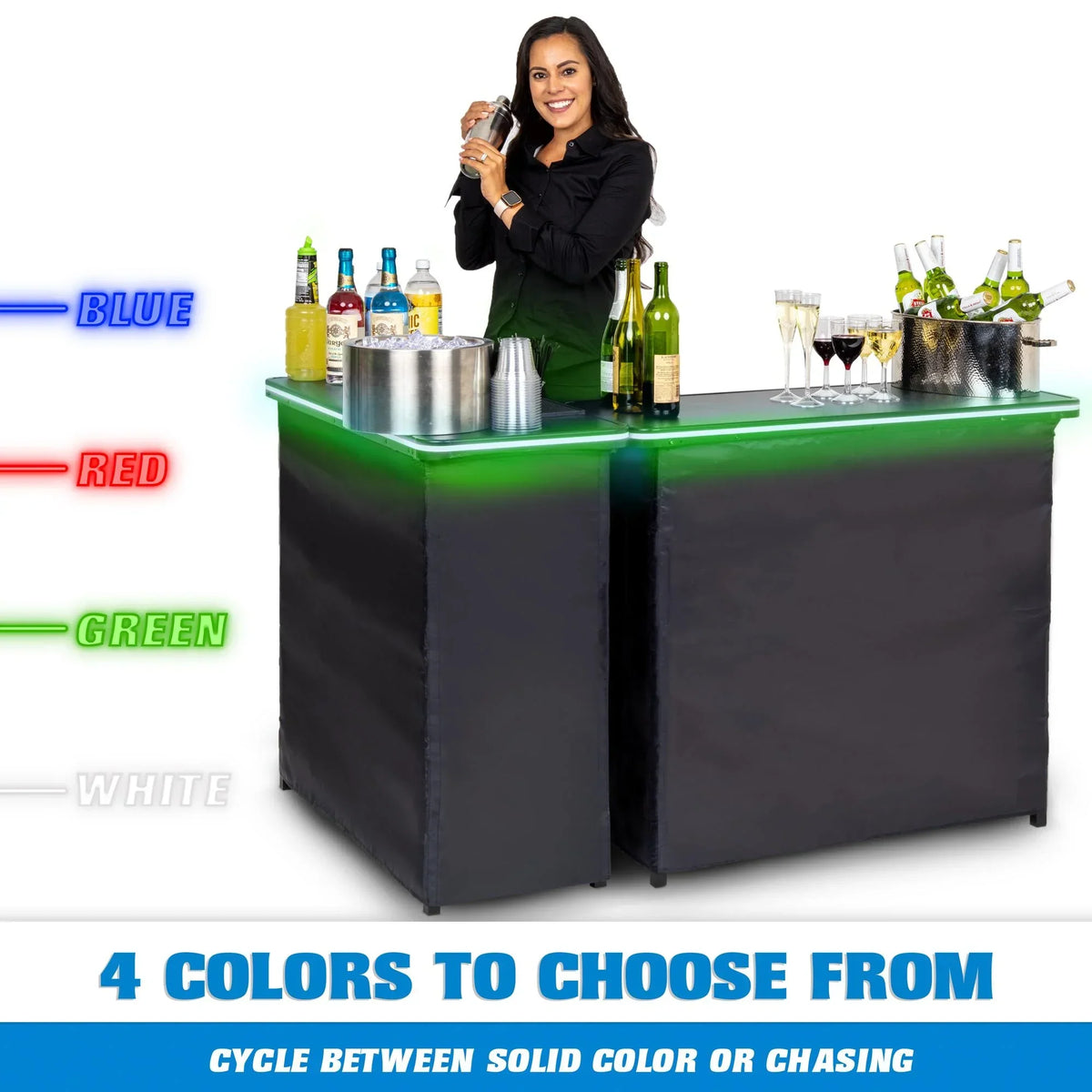 Nouveauté 2026 – Ensemble table de bar double portable GoBar avec lumières LED multicolores - Station de bar mobile pour événements - Étui de transport inclus