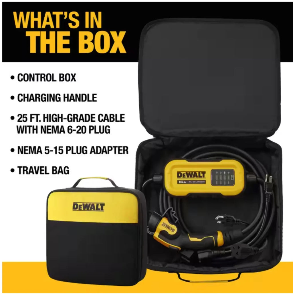 Nouveauté 2026 – Chargeur portable DEWALT niveau 2 pour véhicules électriques (VE), jusqu'à 16 A, 120-240 V CA, 3,8 kW, câble de 7,6 m, résistant aux intempéries
