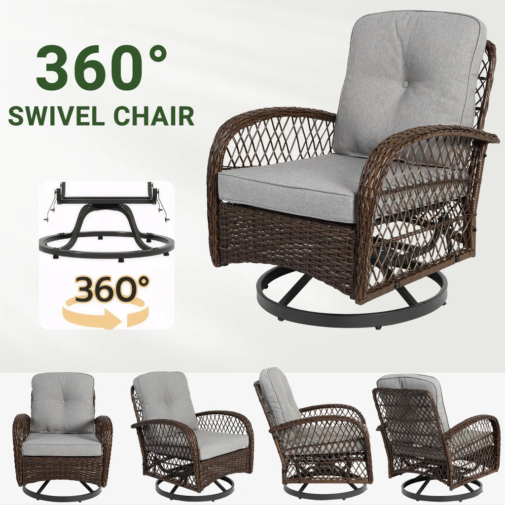 Nouveauté 2026 – Ensemble de 3 fauteuils à bascule pivotants pour patio, 2 fauteuils à bascule pivotants à 360 degrés et 1 table basse en verre, ensemble bistro d'extérieur en rotin PE avec coussins pour balcon, terrasse, piscine, jardin ou véranda