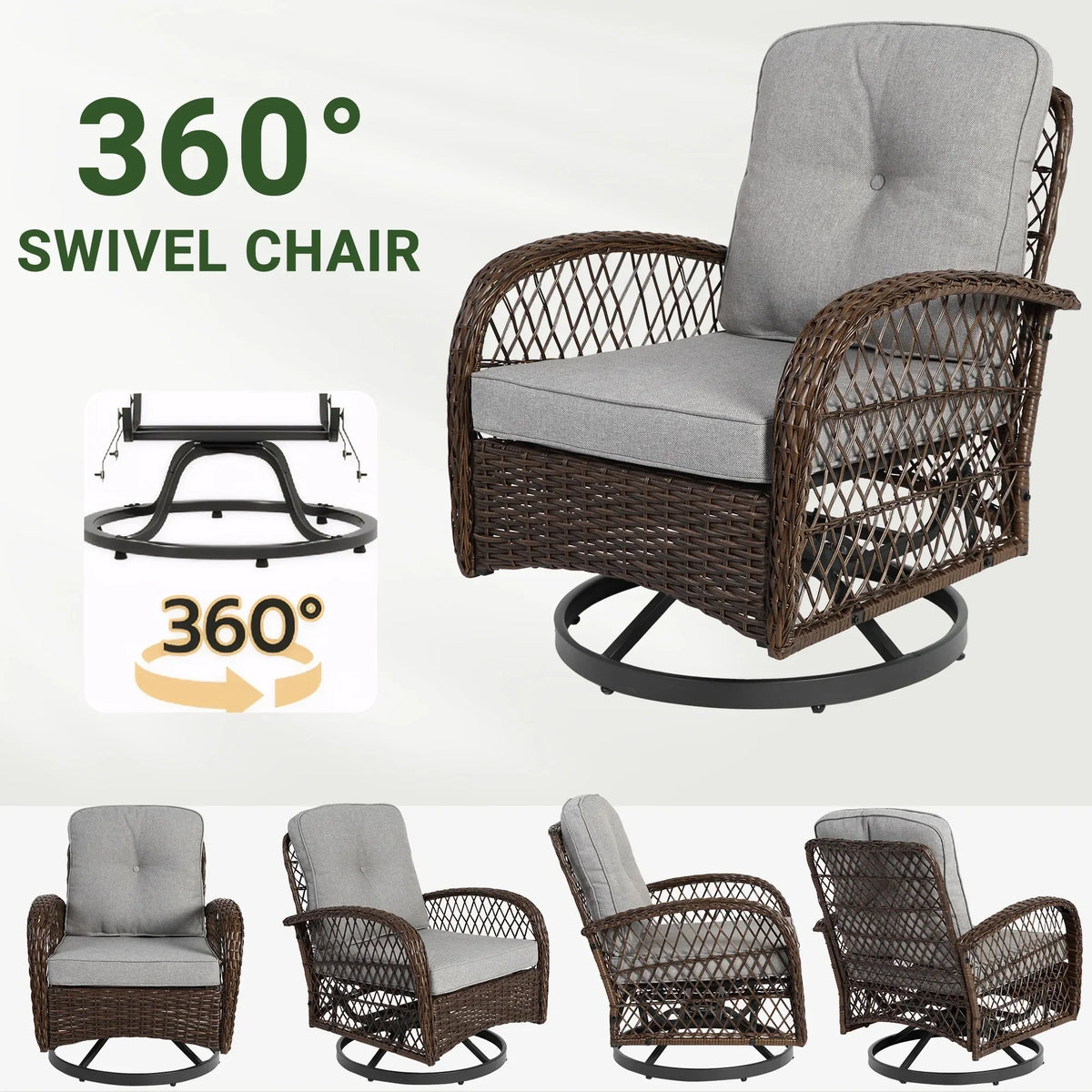 Nouveauté 2026 – Ensemble de 3 fauteuils à bascule pivotants pour patio, 2 fauteuils à bascule pivotants à 360 degrés et 1 table basse en verre, ensemble bistro d'extérieur en rotin PE avec coussins pour balcon, terrasse, piscine, jardin ou véranda
