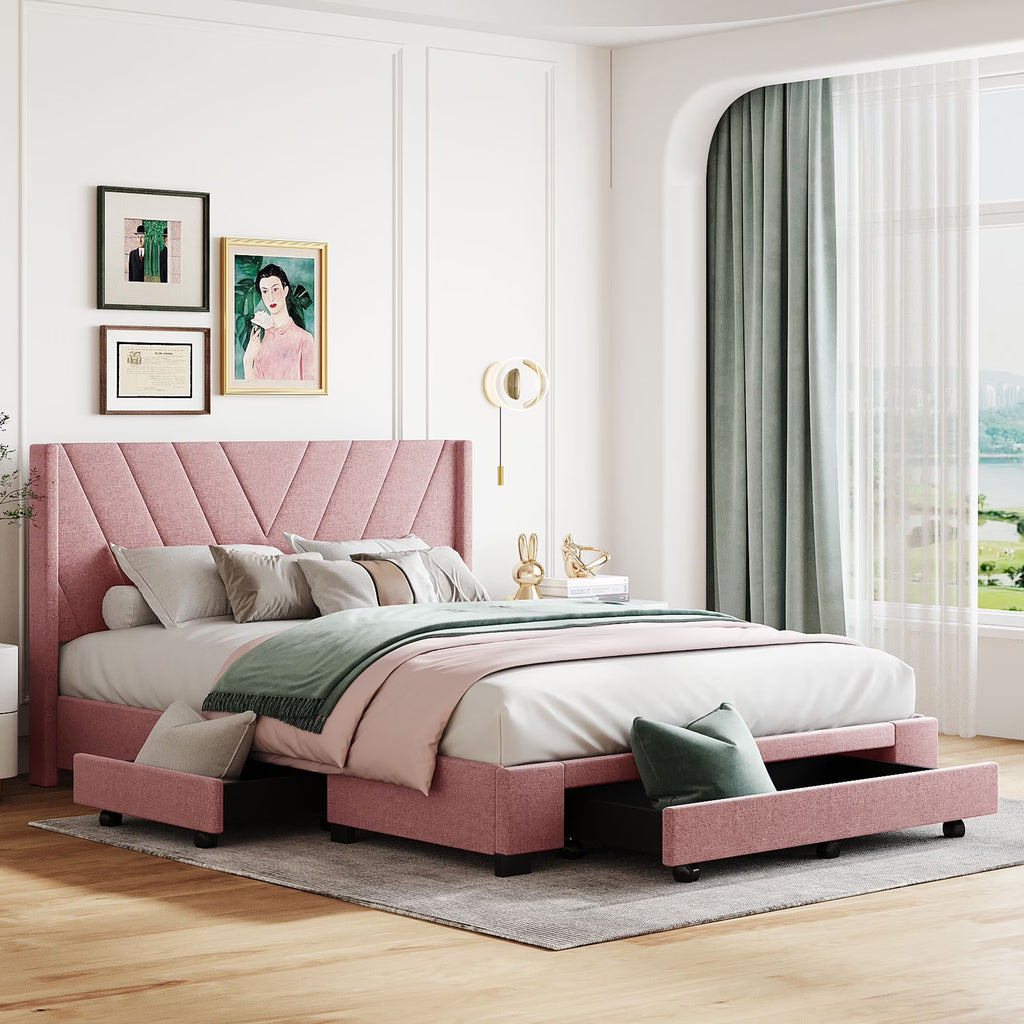 Nouveauté 2026 – Cadre de lit Queen Sesslife avec rangement, nouveau lit plateforme rembourré en lin amélioré avec 3 tiroirs, lit de rangement Queen avec tête de lit et lattes en bois, aucun sommier requis, supporte 227 kg, beige