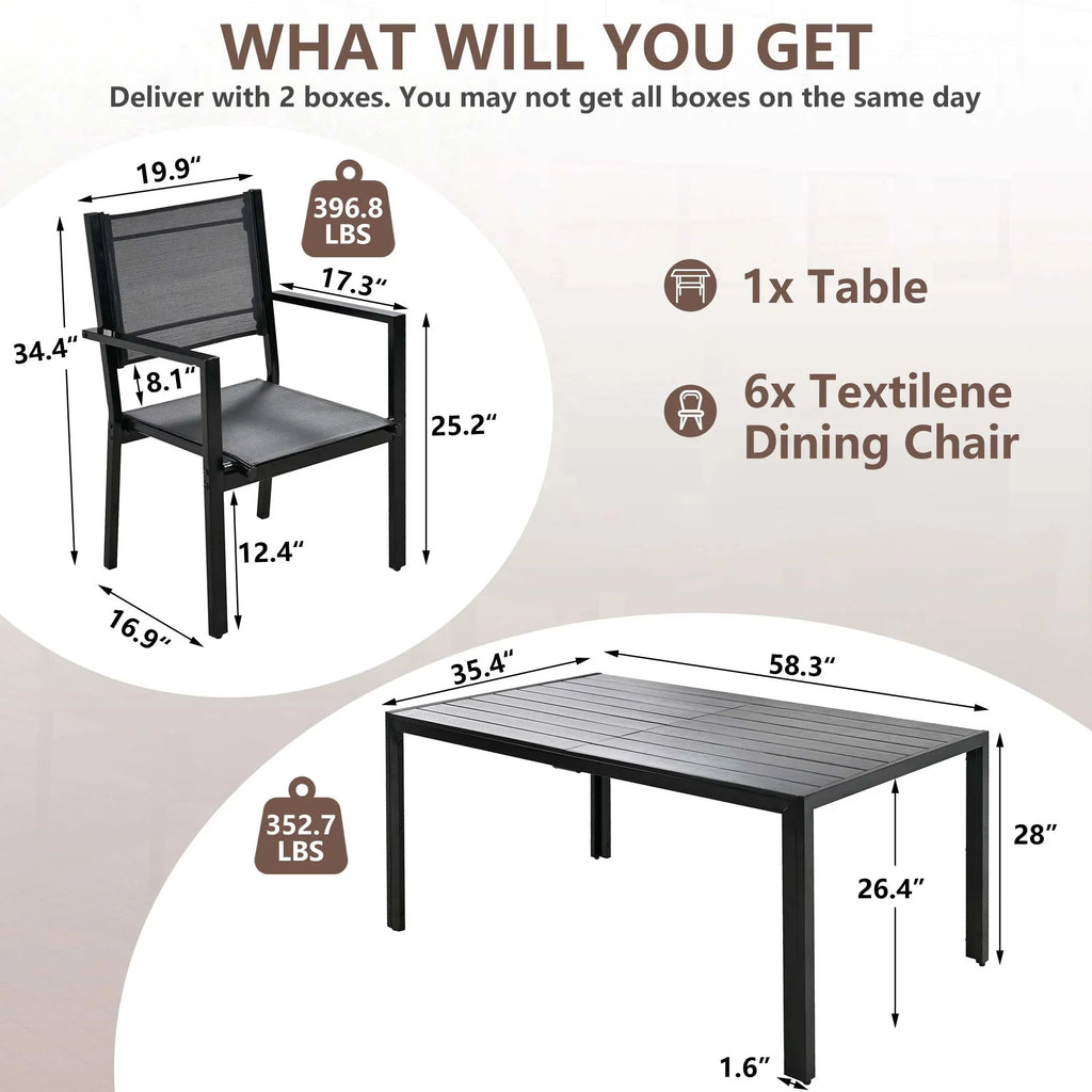 Nouveauté 2026 – Ensemble de salle à manger d'extérieur 7 pièces , comprenant une table et des chaises pour 6 personnes, un plateau en plastique imitation bois et un mobilier de jardin en textilène. Idéal pour terrasse ou patio