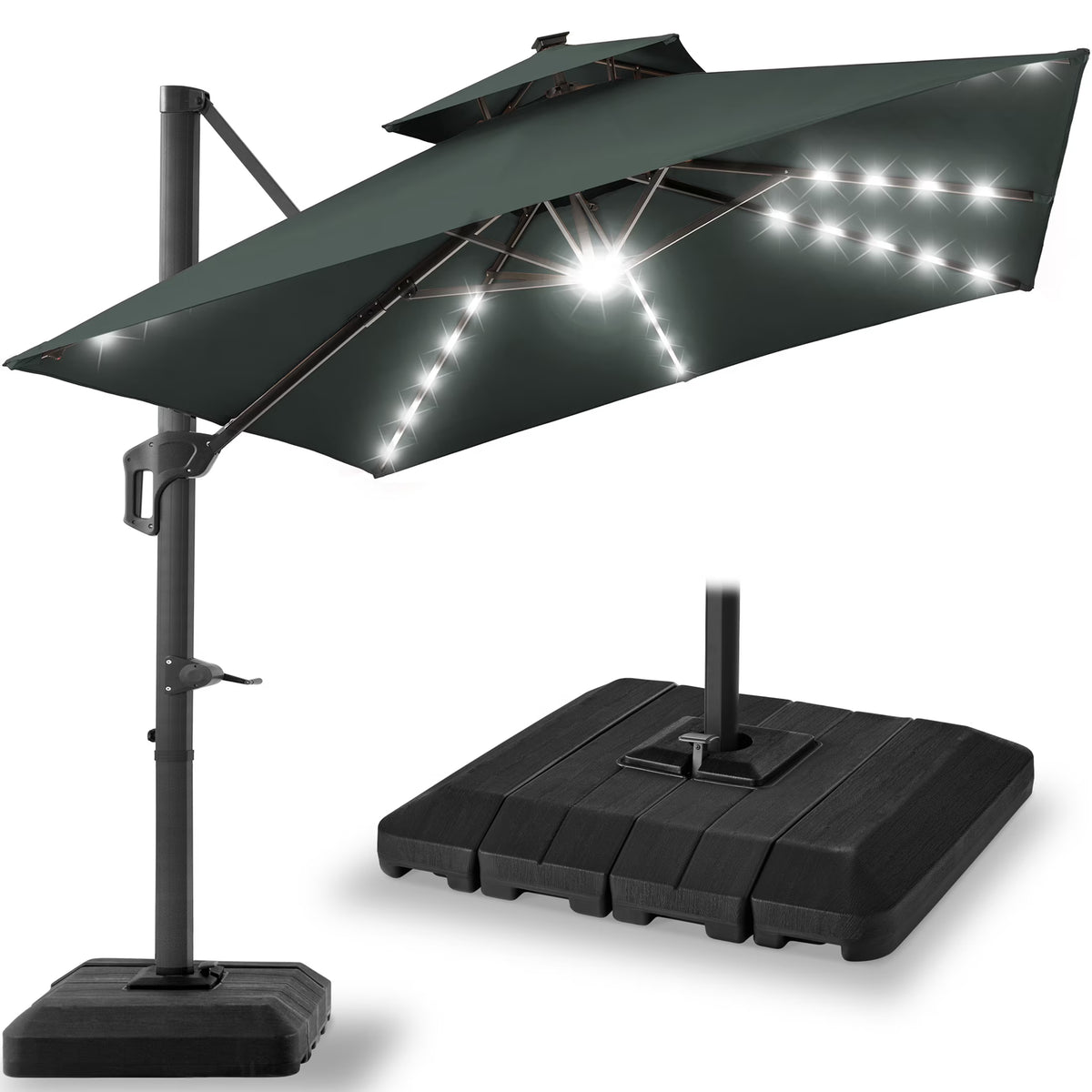Nouveauté 2026 – Parasol de terrasse carré déporté à deux niveaux, 3 x 3 m, à éclairage solaire LED, avec base incluse (Best Choice Products, ) - Beige