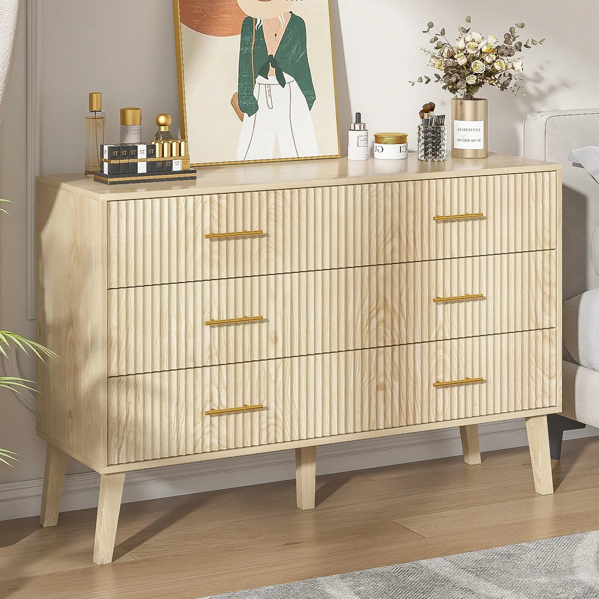 Nouveauté 2026 – Commode à 6 tiroirs Fluted , commode moderne large, commode double à 6 tiroirs