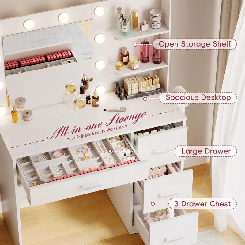 Nouveauté 2026 – Coiffeuse Lacoo avec miroir et éclairage LED, meuble de maquillage avec 7 tiroirs et 4 étagères, table de toilette avec prise électrique pour chambre ou dressing, blanche