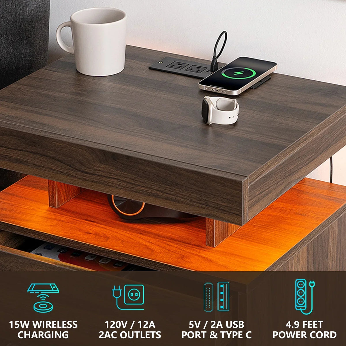 Nouveauté 2026 – Table de chevet LED Hommpa avec station de charge sans fil, ports USB Type-C, 3 tiroirs, finition laquée noire, style moderne et élégant, hauteur 68 cm (26,8 pouces). Idéale pour la chambre à coucher