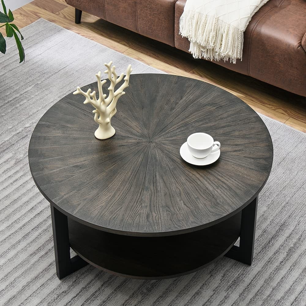 Nouveauté 2026 – Table basse ronde Round avec rangement en bois massif, table basse ronde rustique en bois, bois non applicable, tables basses rustiques en bois, tables d'appoint