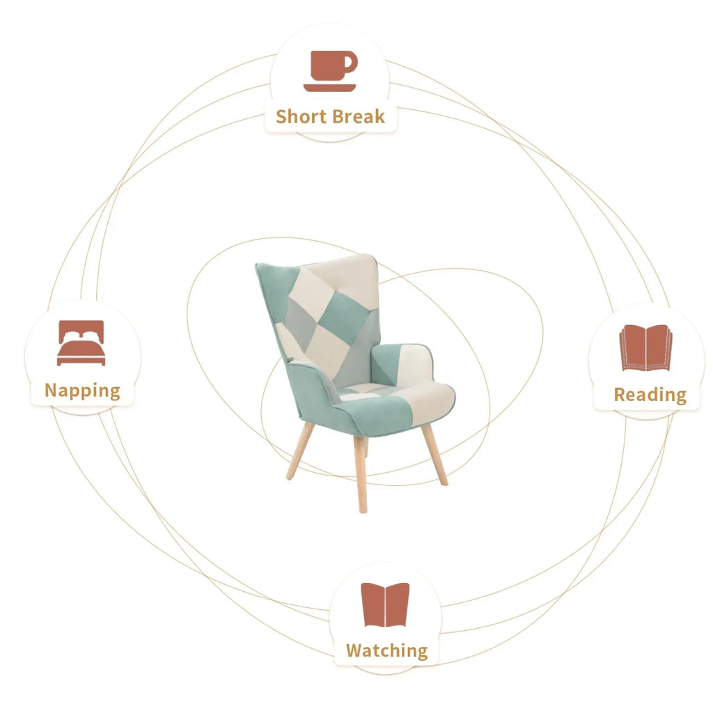 Nouveauté 2026 – Fauteuil d'appoint moderne avec pieds en bois massif et dossier haut à oreilles, ensemble de fauteuil avec repose-pieds, fauteuil confortable pour salon, salle de lecture, chambre, patchwork coloré