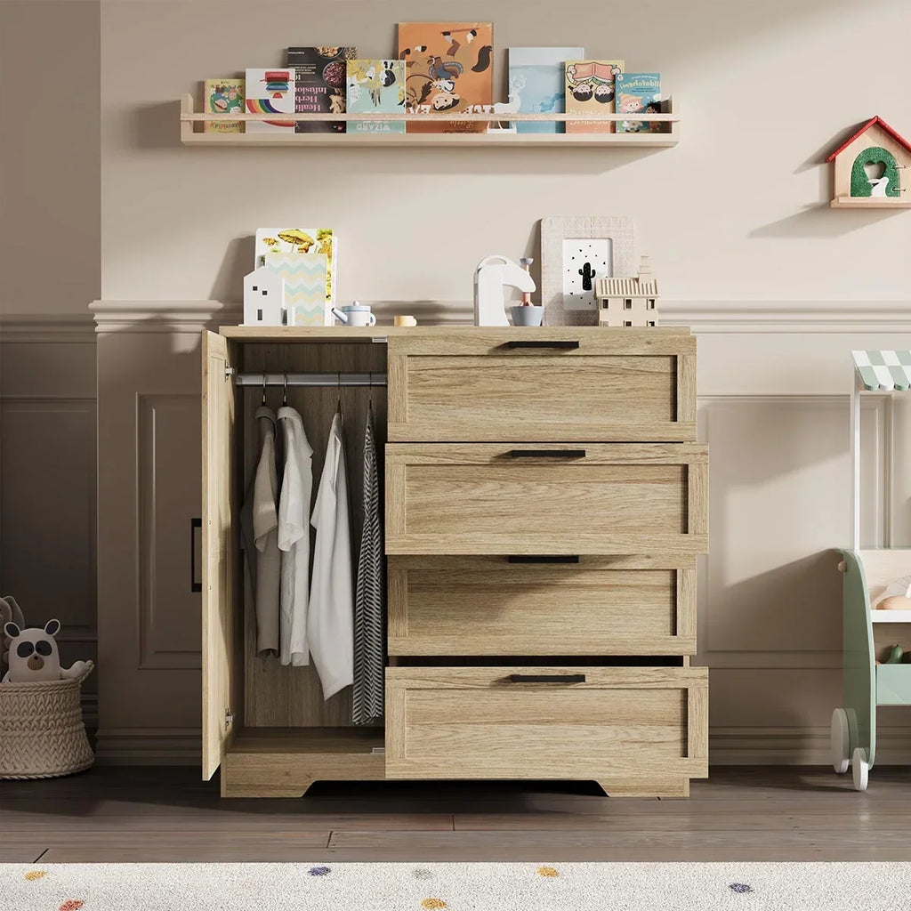 Nouveauté 2026 – Armoire-penderie en bois Ataucjin avec 4 tiroirs et une porte, hauteur 110 cm (43,3 po), avec tringle, rangement pour vêtements, commode à 4 tiroirs avec placard de rangement