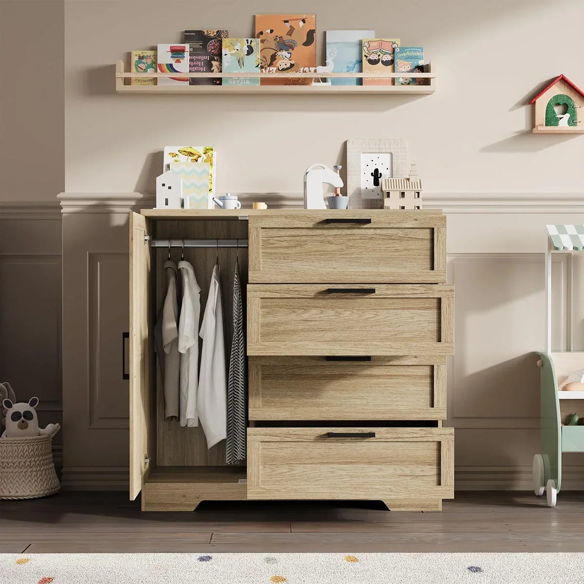 Nouveauté 2026 – Armoire-penderie en bois Ataucjin avec 4 tiroirs et une porte, hauteur 110 cm (43,3 po), avec tringle, rangement pour vêtements, commode à 4 tiroirs avec placard de rangement