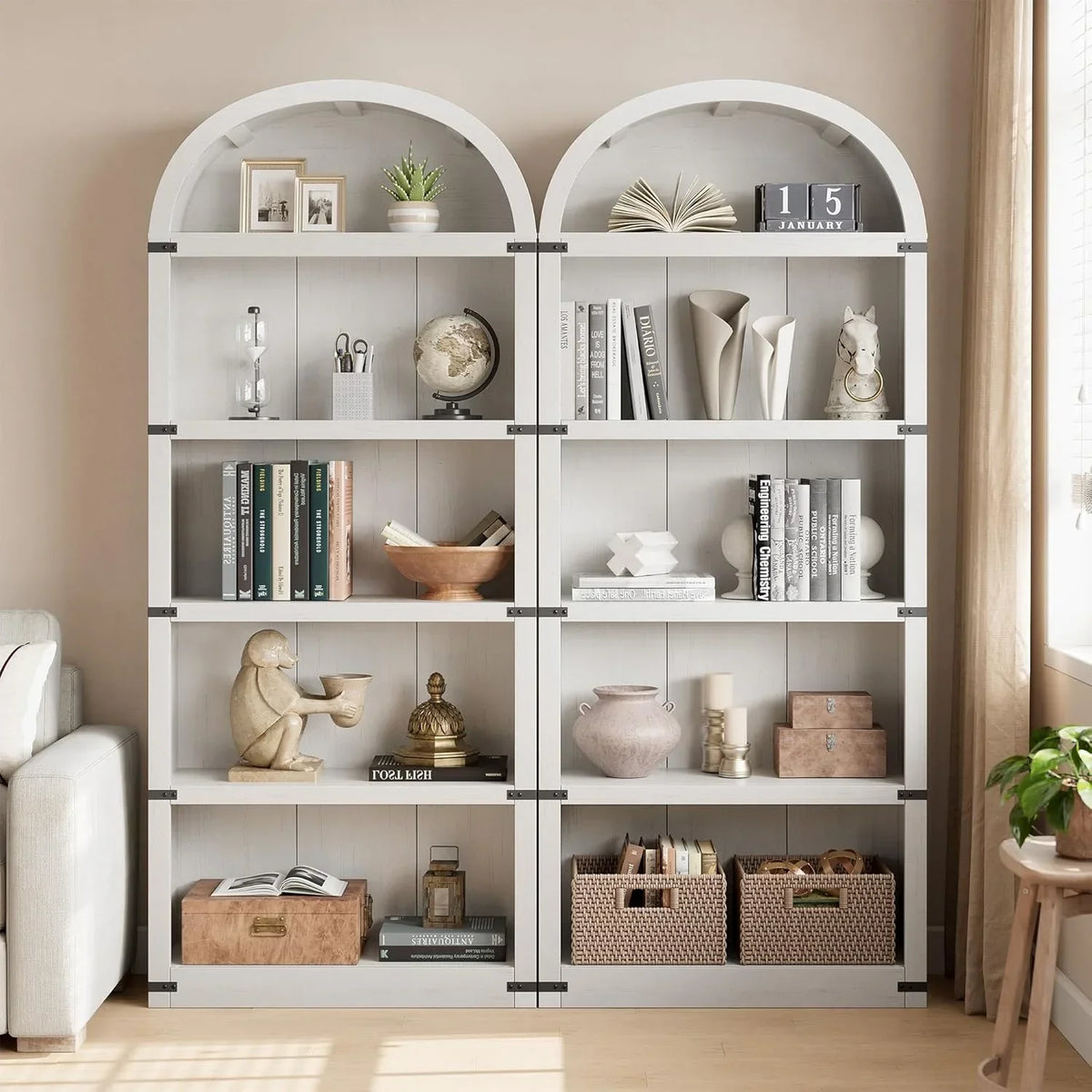Nouveauté 2026 – Bibliothèque arquée à 5 étagères, 182 cm de haut, style ferme, étagère de rangement en bois pour la maison, le bureau ou le salon (blanche