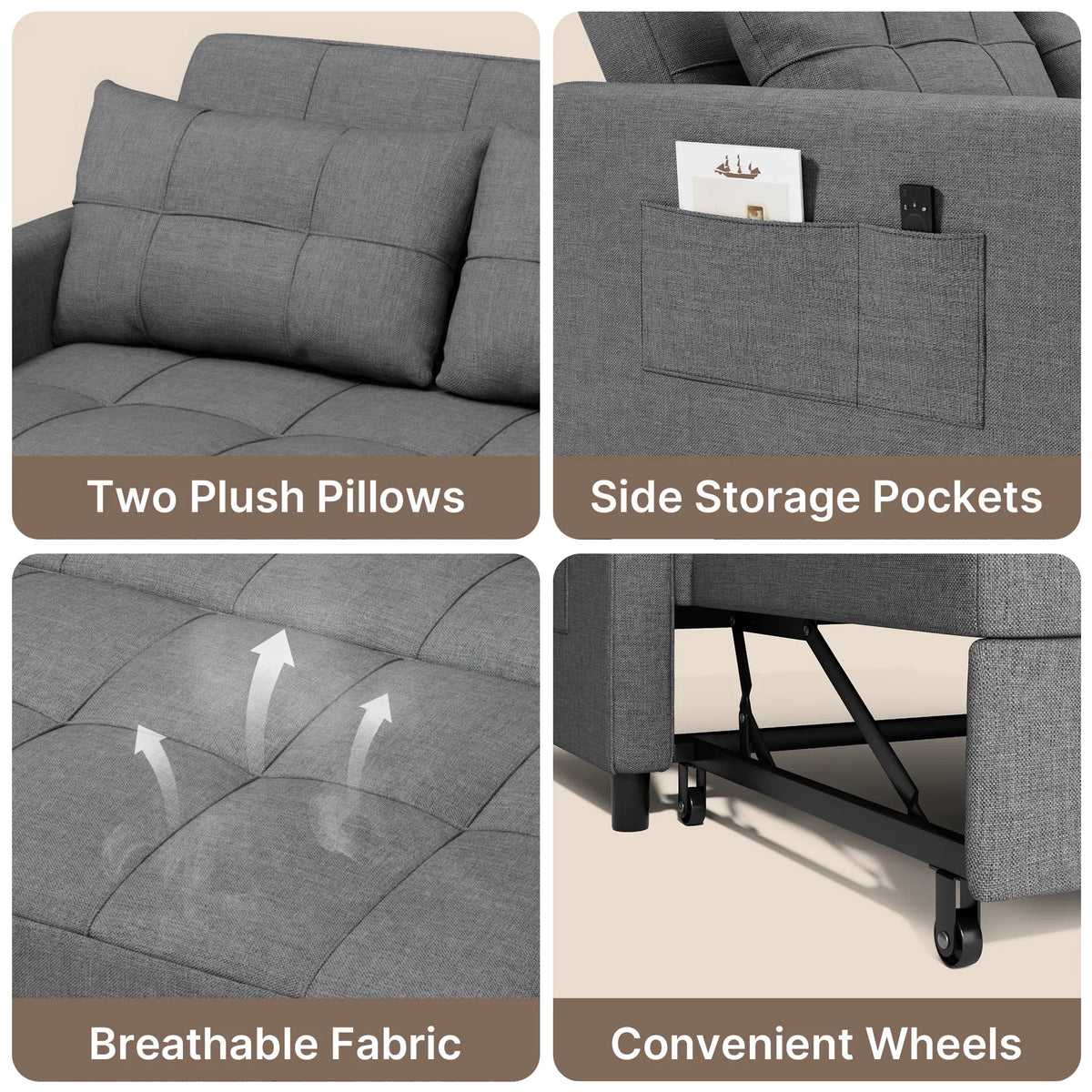 Nouveauté 2026 – Canapé-lit convertible 3 en 1 Lofka avec rangement, dossier réglable et fonction gigogne - Fauteuil-lit idéal pour les petits espaces et les appartements, gris foncé