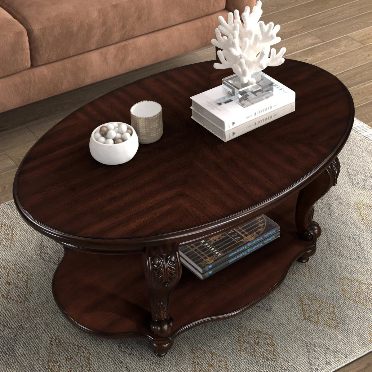 Nouveauté 2026 – Table basse ovale 42" avec étagère de rangement, table basse à deux niveaux en bois massif, style rétro traditionnel pour salon, supporte jusqu'à 181 kg, couleur cerisier