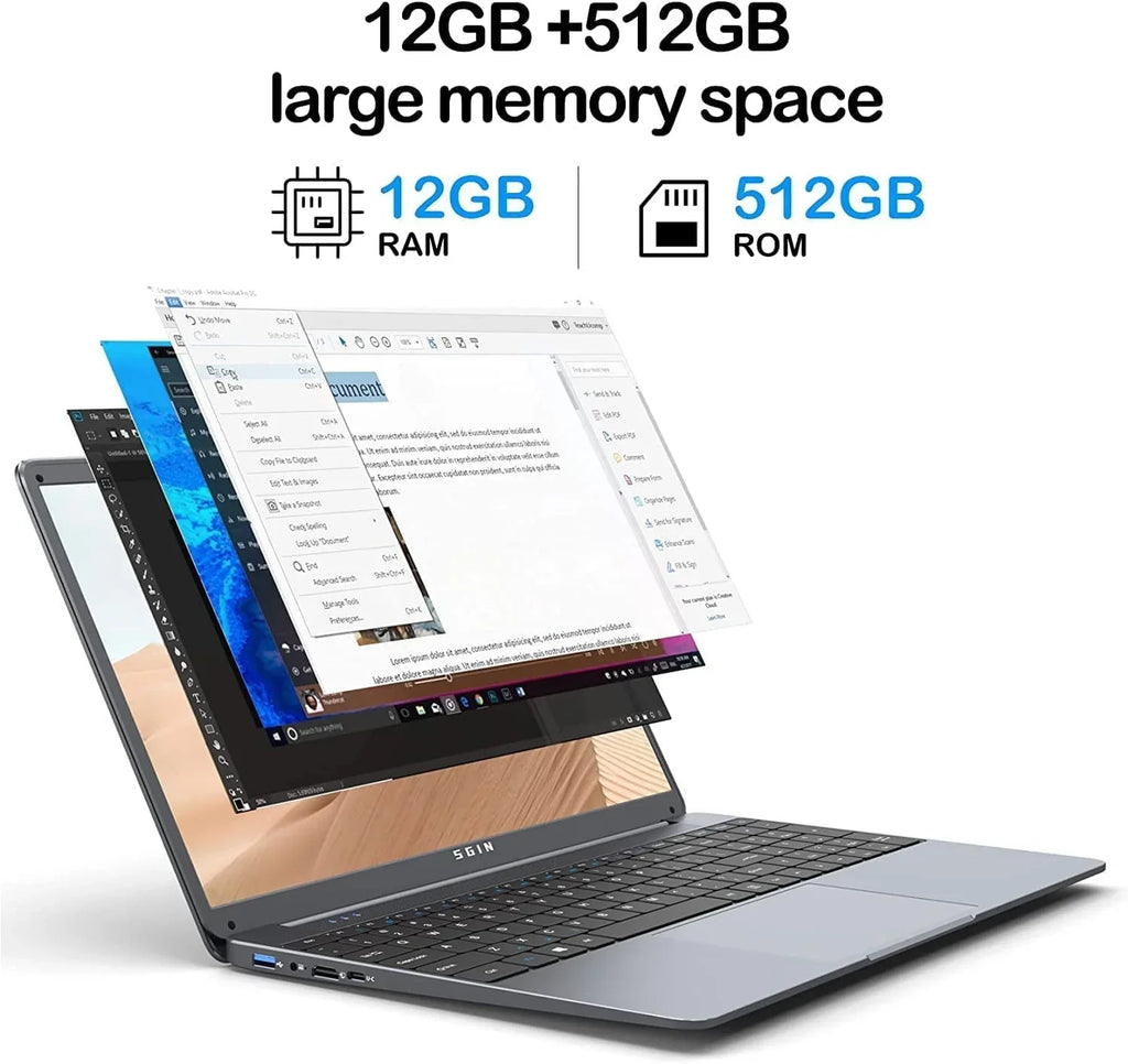 Nouveauté 2026 – Ordinateur portable SGIN 15,6 pouces : 12 Go de RAM DDR4, SSD de 512 Go, Windows 11, processeur Intel Celeron N5095A, écran Full HD 1920 x 1080