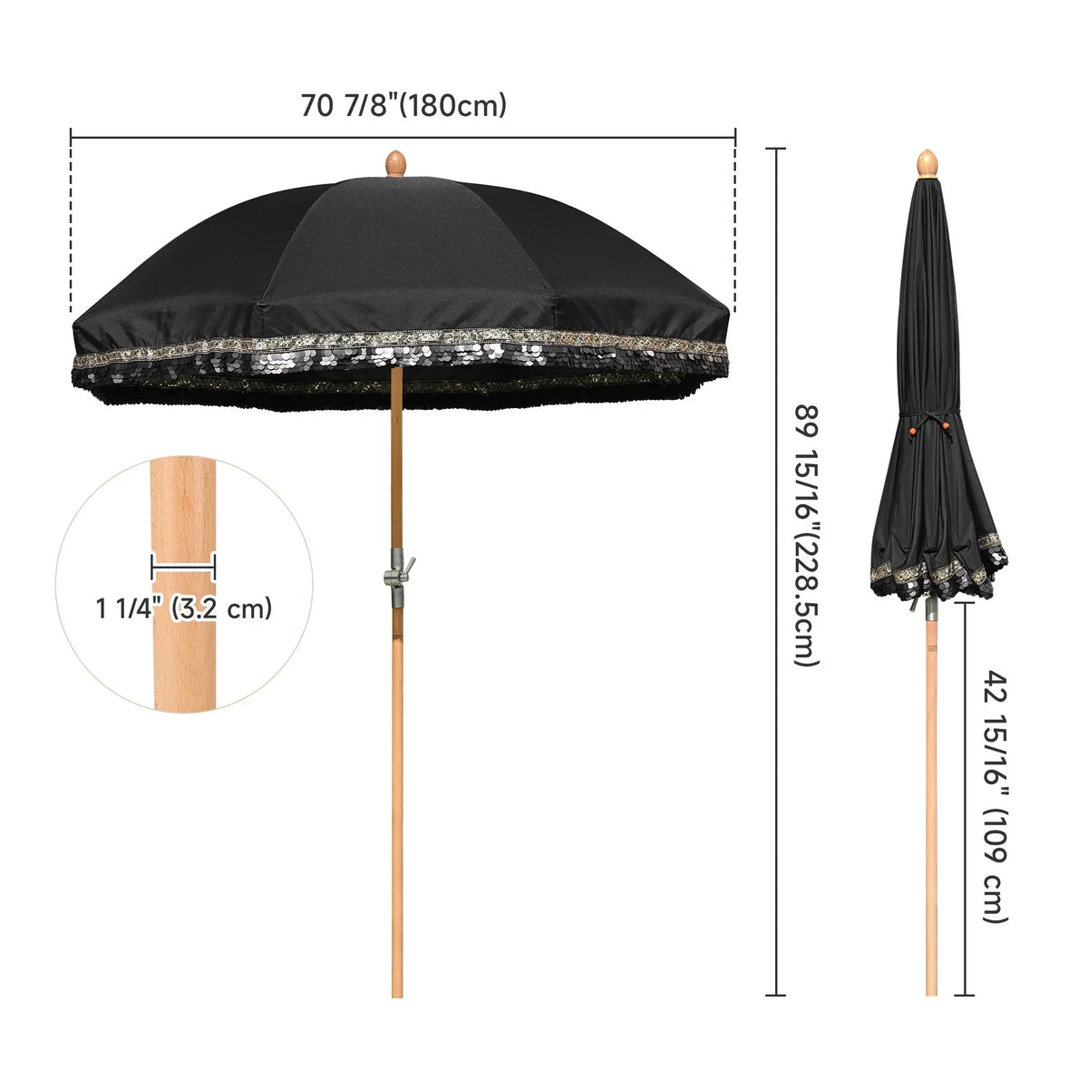 Nouveauté 2026 – Parasol de terrasse LAGarden de 1,8 m à franges et pompon, style Jazz Age, en bois, protection UPF50+, beige avec pompon doré, modèle : JZ6-01