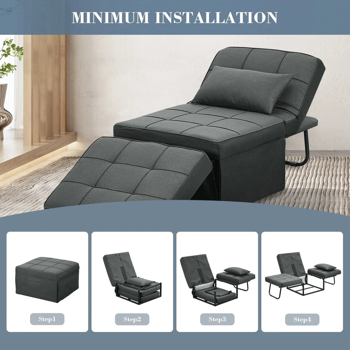 Nouveauté 2026 – Canapé-lit pliant Ainfox , 4 en 1 : lit de jour, pouf, fauteuil, canapé-lit pour invités, idéal pour un salon moderne ou une chambre, petite taille (gris foncé