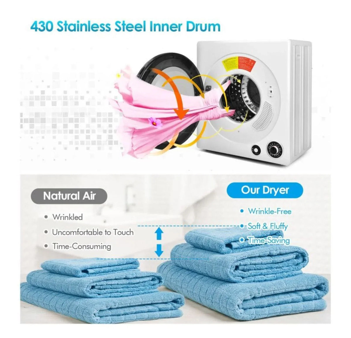 Nouveauté 2026 – Sèche-linge électrique Electric , modèle compact de 6 kg avec cuve en acier inoxydable, 4 modes de séchage, 2 niveaux de température, certifié ETL - idéal pour appartements, résidences étudiantes et camping-cars