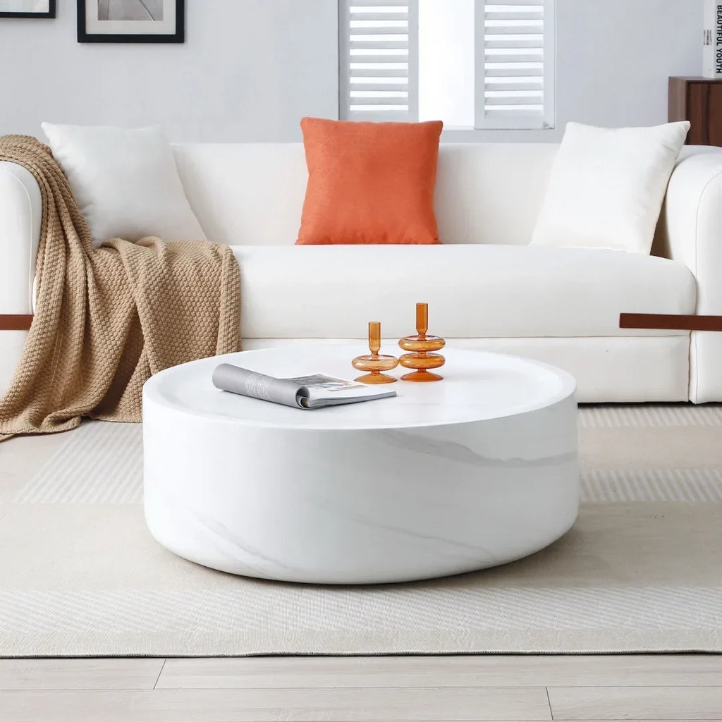 Nouveauté 2026 – Table basse ronde 31,49'' avec texture marbre, table basse circulaire moderne en fibre de verre, table d'appoint pour salon ou extérieur, livrée montée, finition marbre