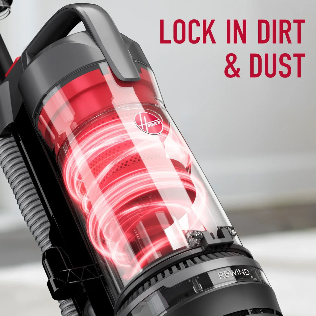 Nouveauté 2026 – Aspirateur vertical sans sac Hoover Rewind Pet , idéal pour les animaux, avec enrouleur de cordon automatique, pour le nettoyage de toutes les surfaces et des pièces en hauteur, UH77410V, gris et rouge