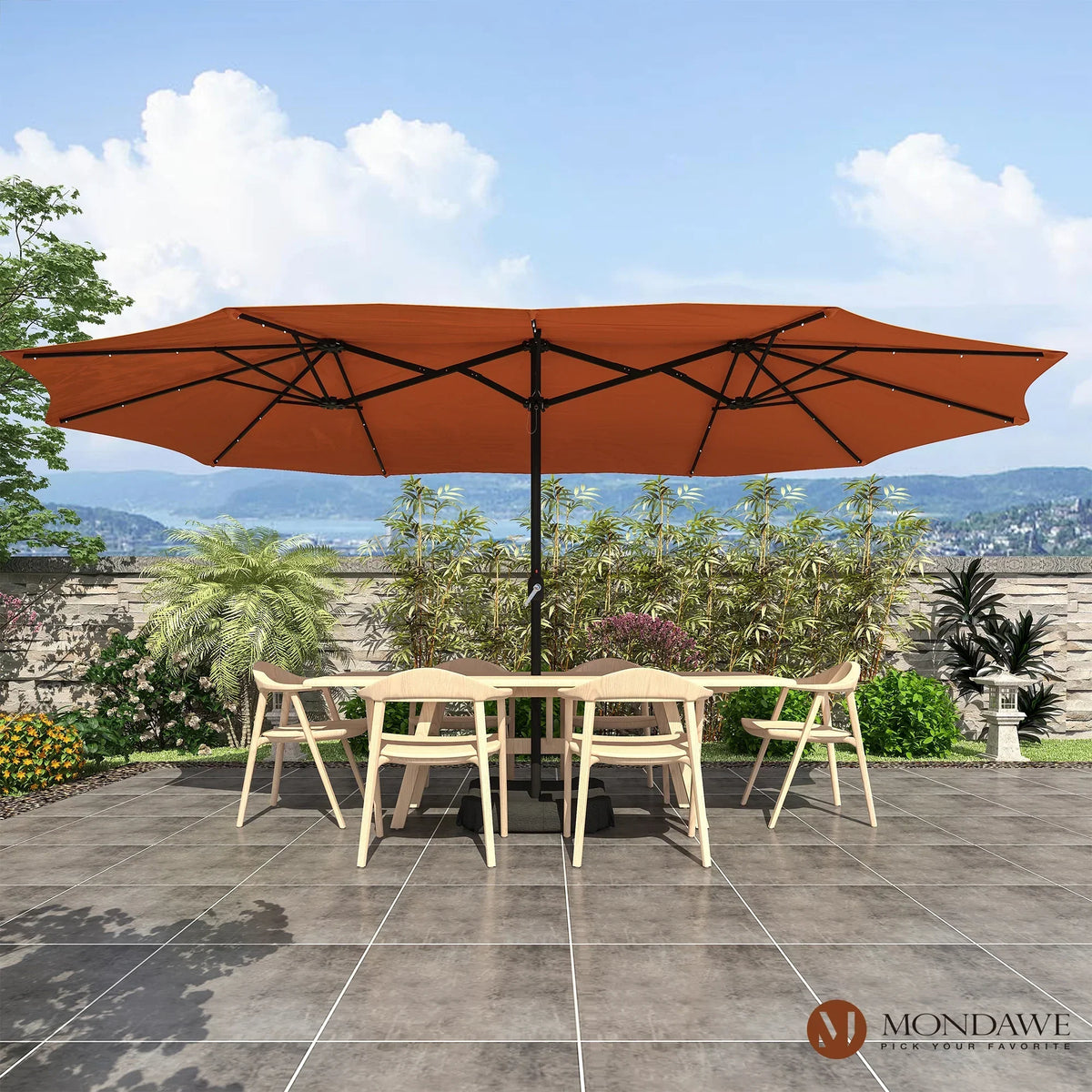 Nouveauté 2026 – Parasol rectangulaire Mondawe 4,57 m (15 pi) avec base et éclairage LED beige