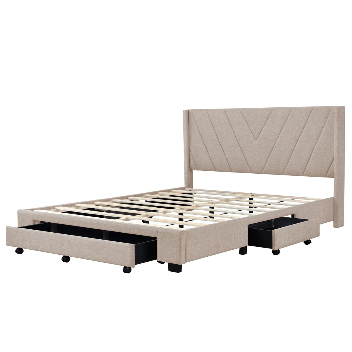 Nouveauté 2026 – Cadre de lit Queen Sesslife avec rangement, nouveau lit plateforme rembourré en lin amélioré avec 3 tiroirs, lit de rangement Queen avec tête de lit et lattes en bois, aucun sommier requis, supporte 227 kg, beige