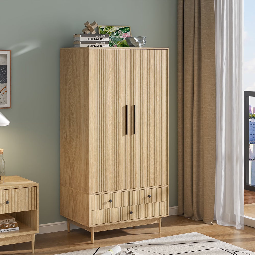 Nouveauté 2026 – Armoire-penderie Armoire à 2 portes, avec penderie et tiroirs, en bois blanc, idéale pour la chambre à coucher
