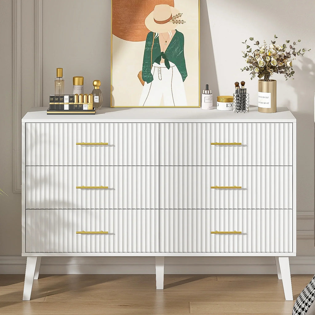 Nouveauté 2026 – Commode à 6 tiroirs Fluted , commode moderne large, commode double à 6 tiroirs