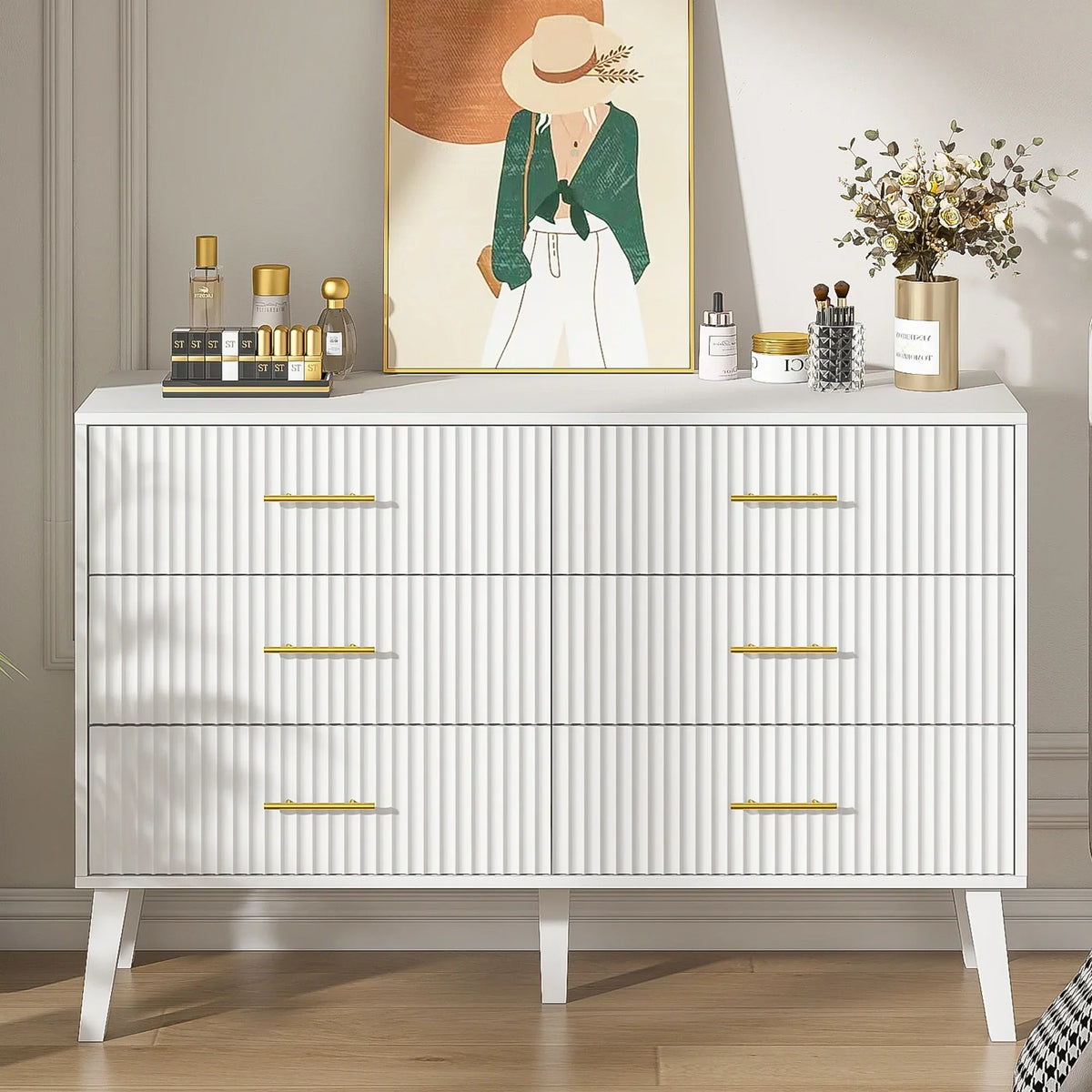 Nouveauté 2026 – Commode à 6 tiroirs Fluted , commode moderne large, commode double à 6 tiroirs