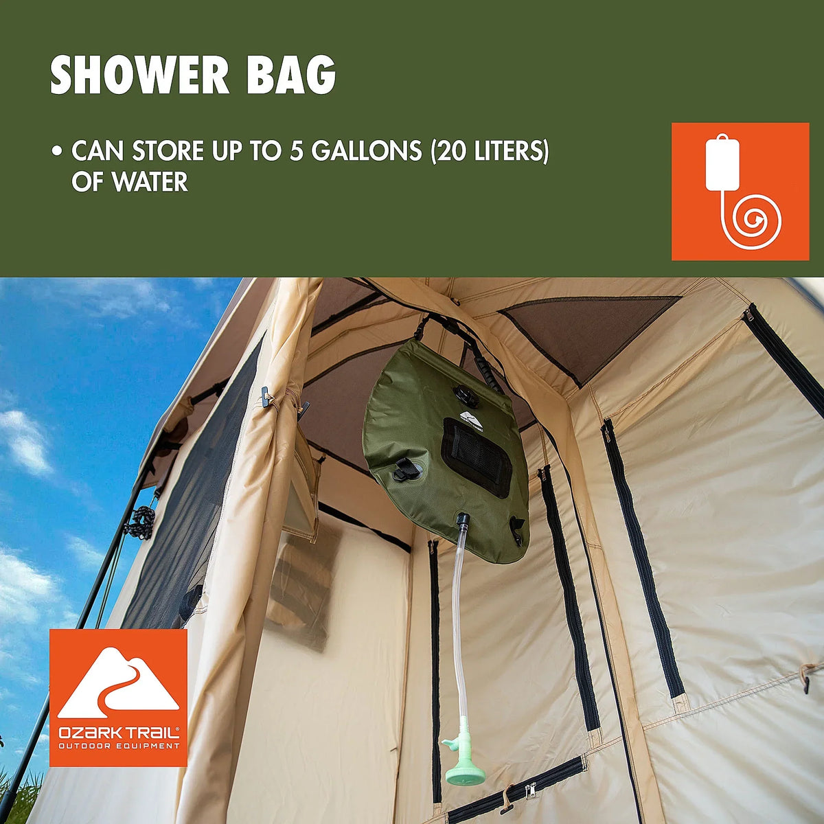 Nouveauté 2026 – Combinaison de tente de douche et utilitaire à 2 pièces Ozark Trail , comprenant un réservoir d'eau de 5 gallons, installation facile, capacité maximale de 2 personnes. Couleur kaki