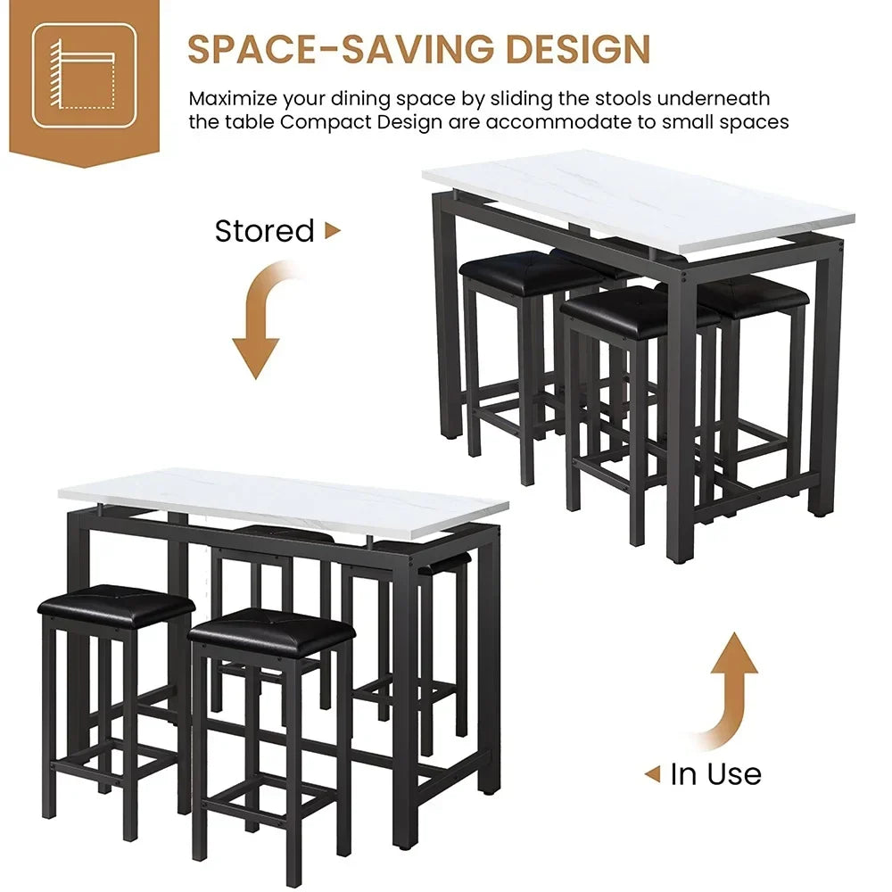 Nouveauté 2026 – Ensemble de table haute 5 places , table de bar et tabourets assortis, table à manger minimaliste avec tabourets sans dossier, ensemble table et chaises de bar avec plateau en bois pour cuisine, appartement ou bistrot - Gain de place