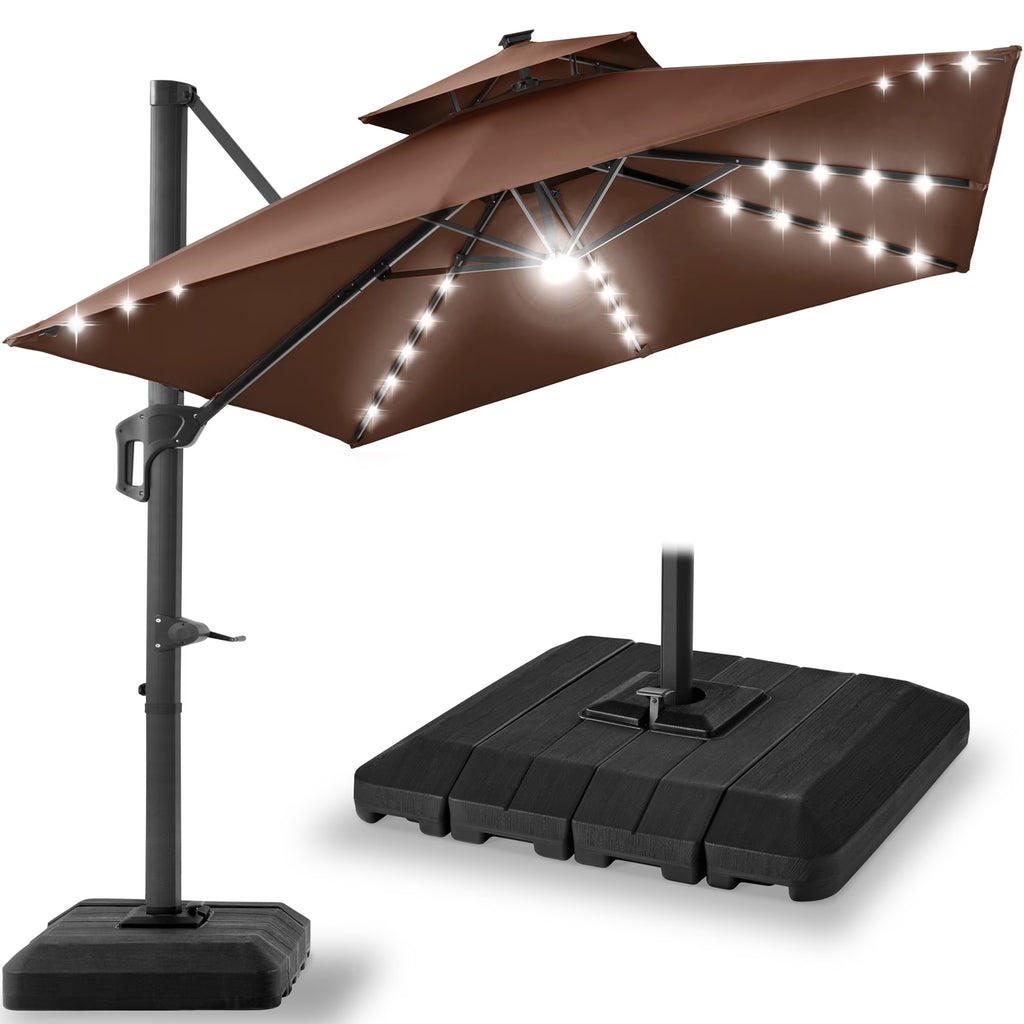 Nouveauté 2026 – Parasol de terrasse carré déporté à deux niveaux, 3 x 3 m, à éclairage solaire LED, avec base incluse (Best Choice Products, ) - Beige