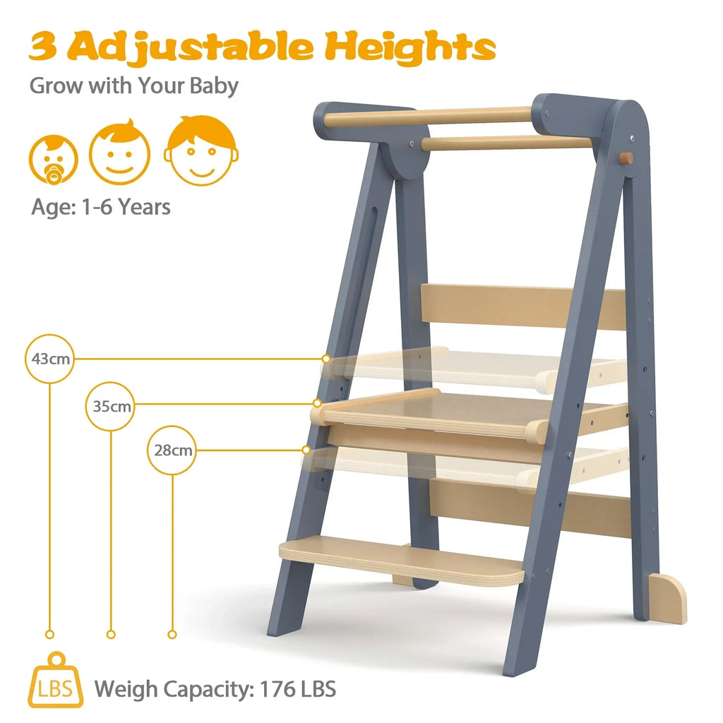 Nouveauté 2026 – Marchepied de cuisine JOZ pour tout-petits, tabouret d'apprentissage Montessori, tour pliable pour le comptoir, aide à la station debout pour les enfants, 3 hauteurs réglables, en bois, blanc