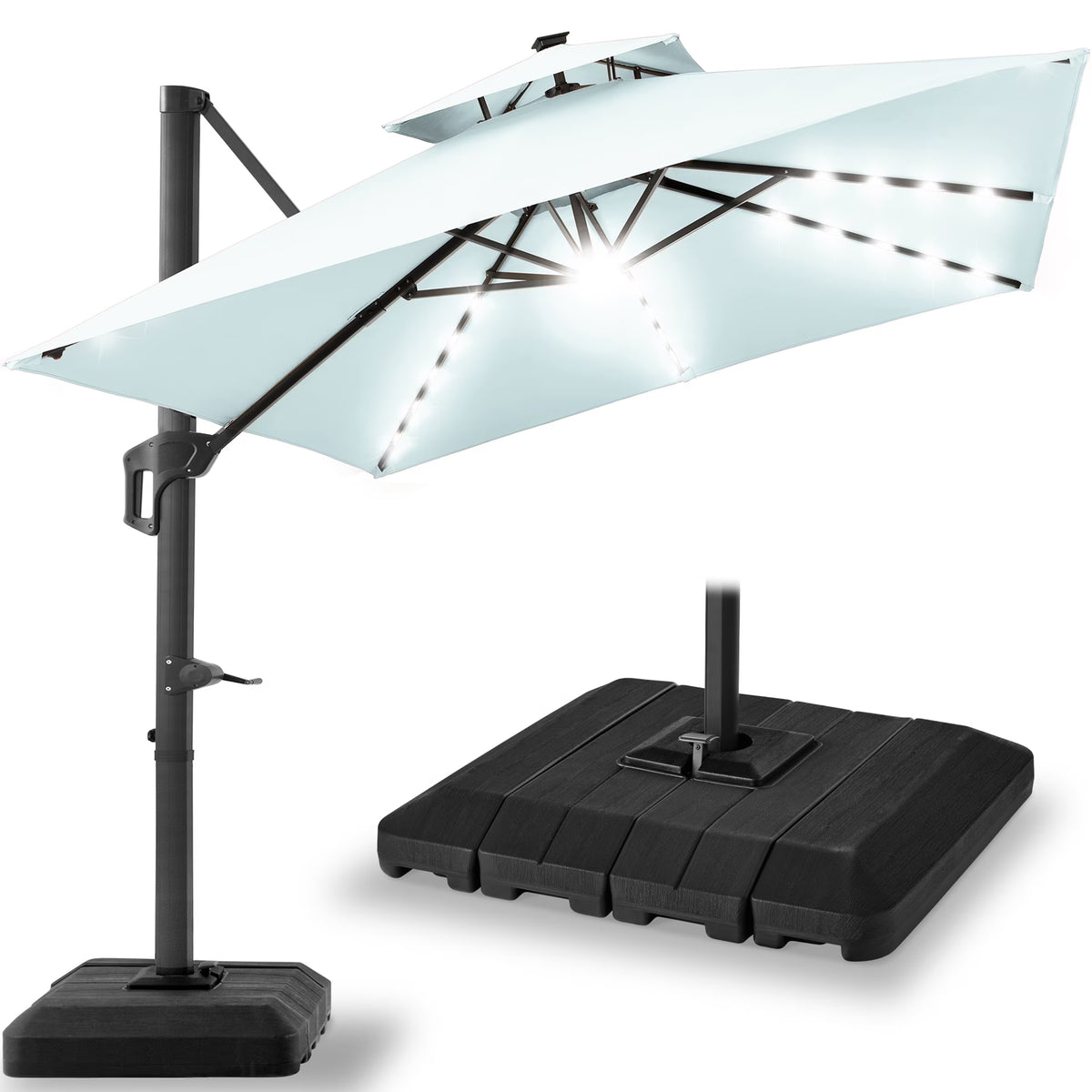 Nouveauté 2026 – Parasol de terrasse carré déporté à deux niveaux, 3 x 3 m, à éclairage solaire LED, avec base incluse (Best Choice Products, ) - Beige