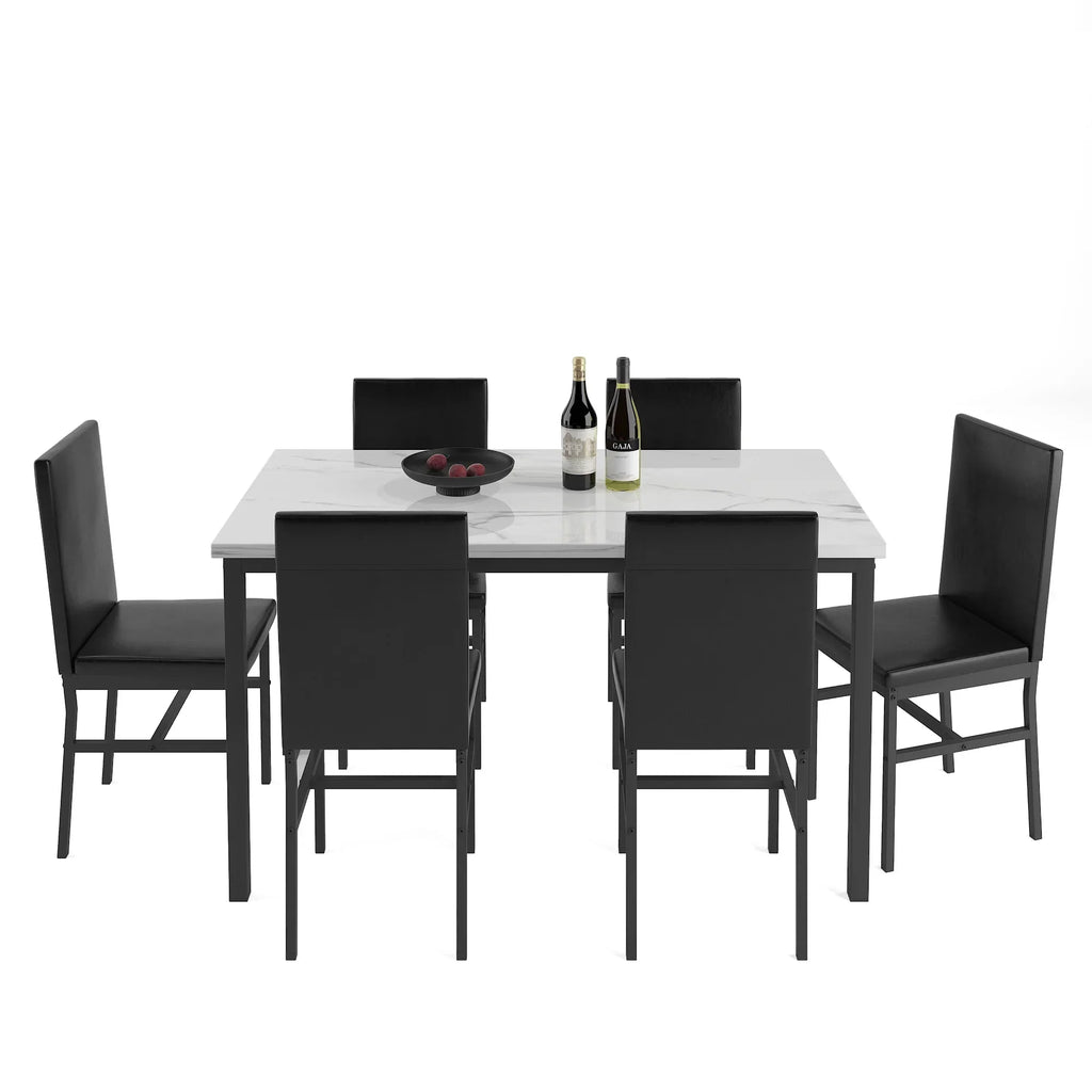 Nouveauté 2026 – Ensemble de salle à manger moderne avec table et 6 chaises rembourrées à dossier haut, idéal pour 6 personnes, petit espace cuisine, coin repas ou bar, B1470