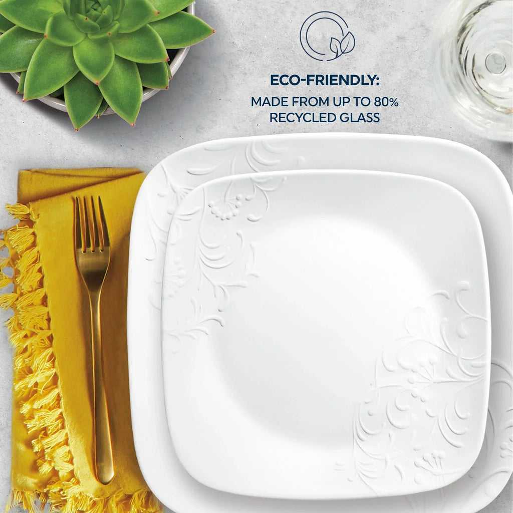 Nouveauté 2026 – Service de table carré en verre embossé Corelle Cherish 16 pièces (pour 4 personnes