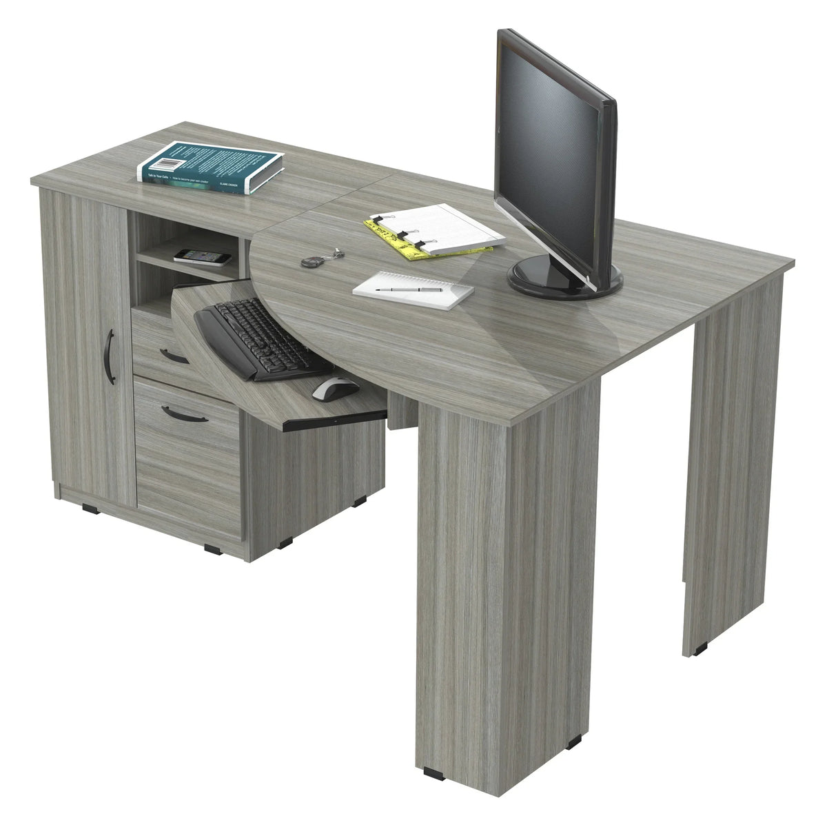 Nouveauté 2026 – Bureau d'angle moderne Inval avec 2 tiroirs et un placard, chêne blanchi