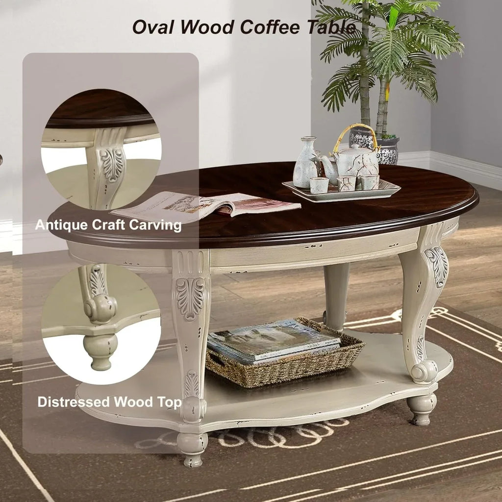 Nouveauté 2026 – Table basse ovale 42" avec étagère de rangement, table basse à deux niveaux en bois massif, style rétro traditionnel pour salon, supporte jusqu'à 181 kg, couleur cerisier