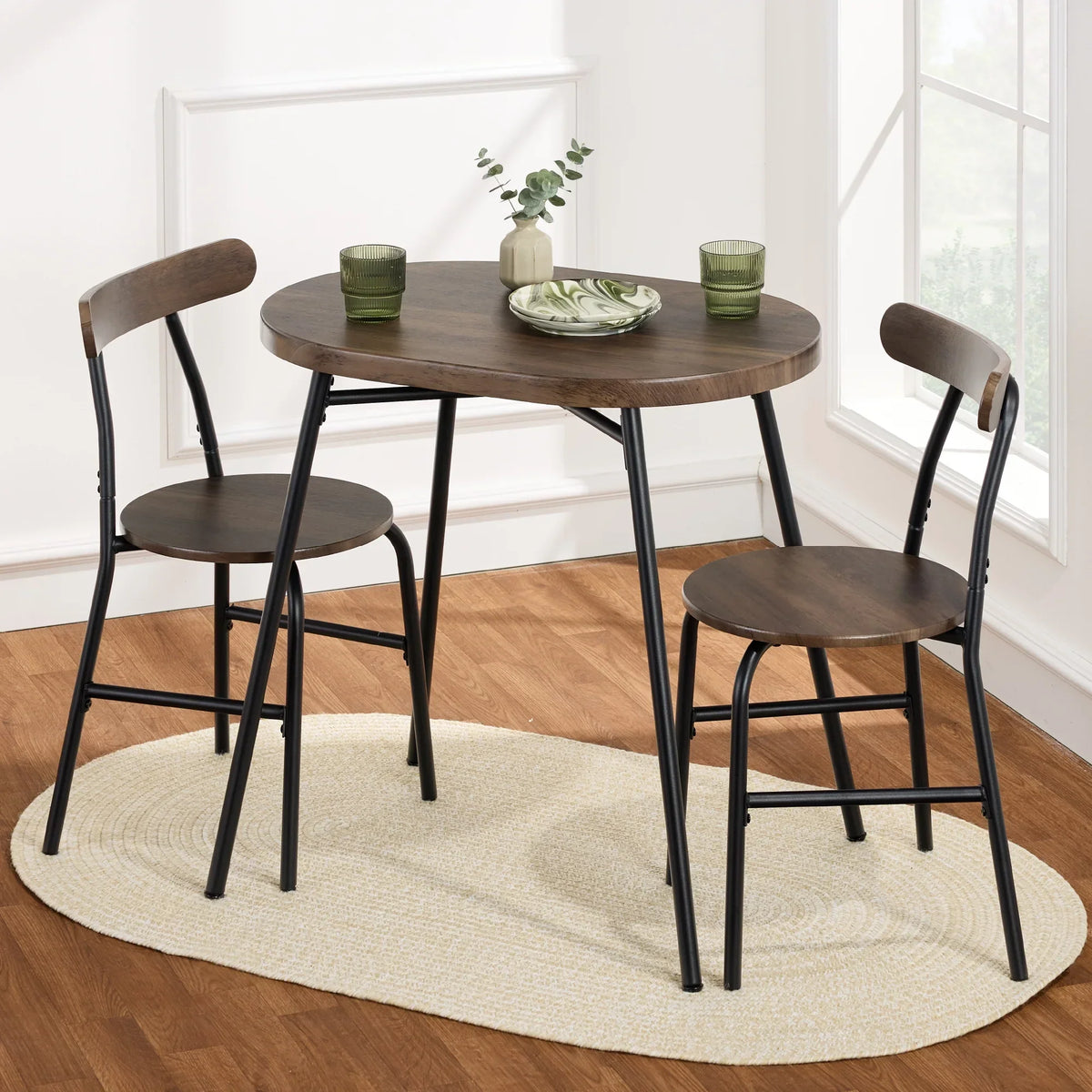 Nouveauté 2026 – Ensemble table et chaises ovales modernes 3 pièces Best Choice Products , petit coin repas avec 2 chaises - Noir/Noir