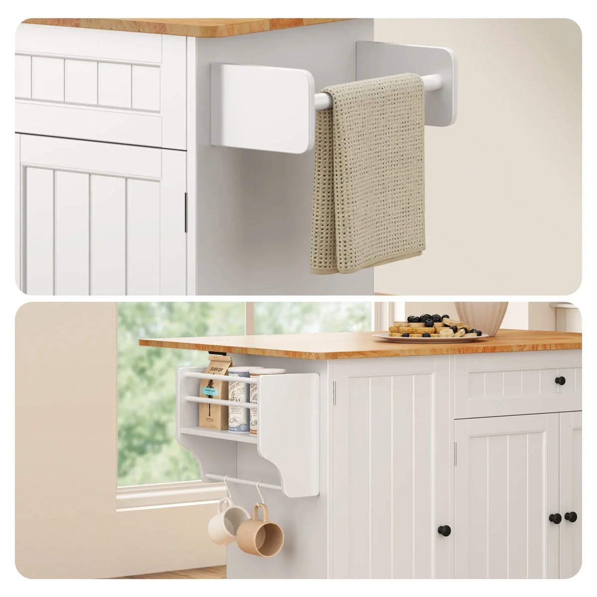 Nouveauté 2026 – Îlot de cuisine Noelse avec rangements, table d'appoint rabattable, porte-épices et porte-serviettes pour petites cuisines, blanc