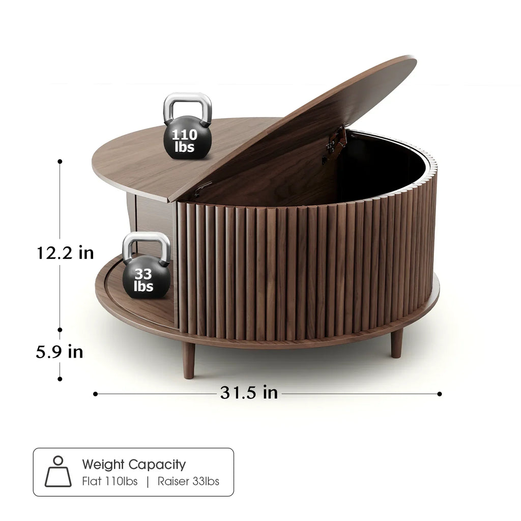 Nouveauté 2026 – Table basse ronde JOINICE avec rangement et porte coulissante, table centrale en bois de style moderne du milieu du siècle, pour salon, noyer