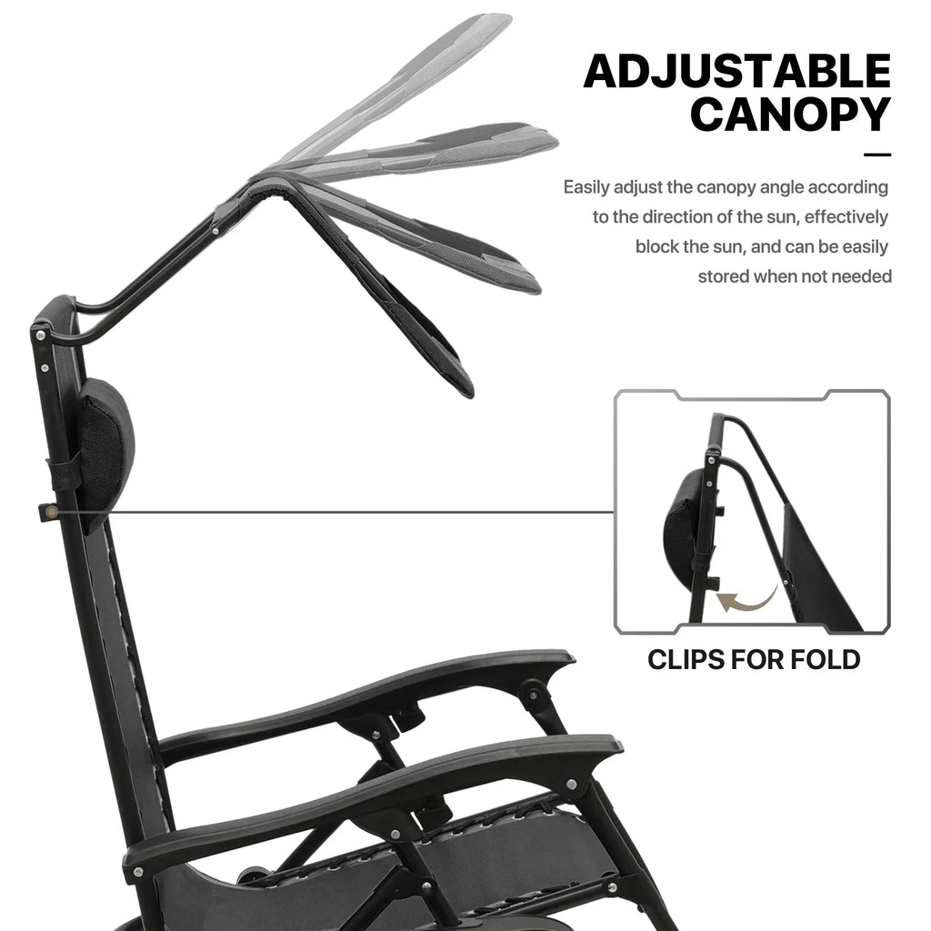 Nouveauté 2026 – Ensemble de 2 chaises MoNiBloom Zero Gravity , fauteuils de plage/terrasse pliables avec auvent et appui-tête, noirs