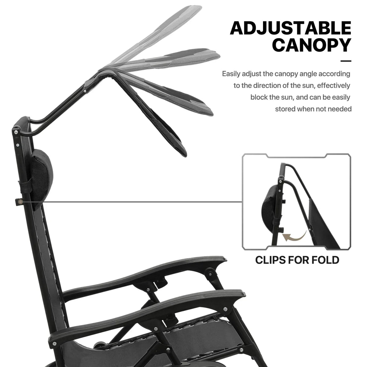 Nouveauté 2026 – Ensemble de 2 chaises MoNiBloom Zero Gravity , fauteuils de plage/terrasse pliables avec auvent et appui-tête, noirs